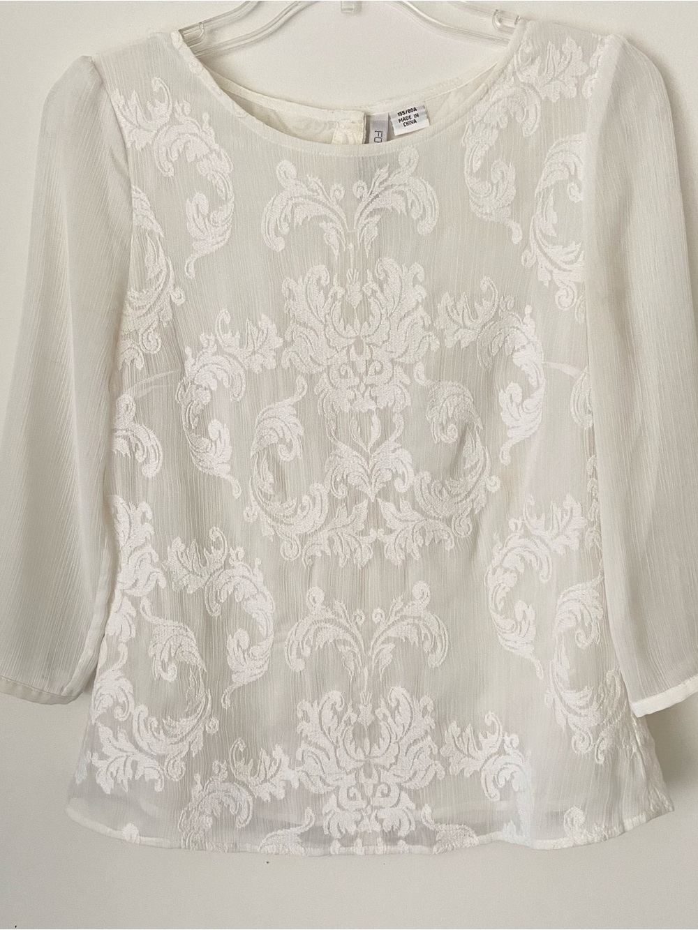 Forever New Ivory Damask Sheer Blouse | Elegant 3/4 Sleeve Top | Size XS
